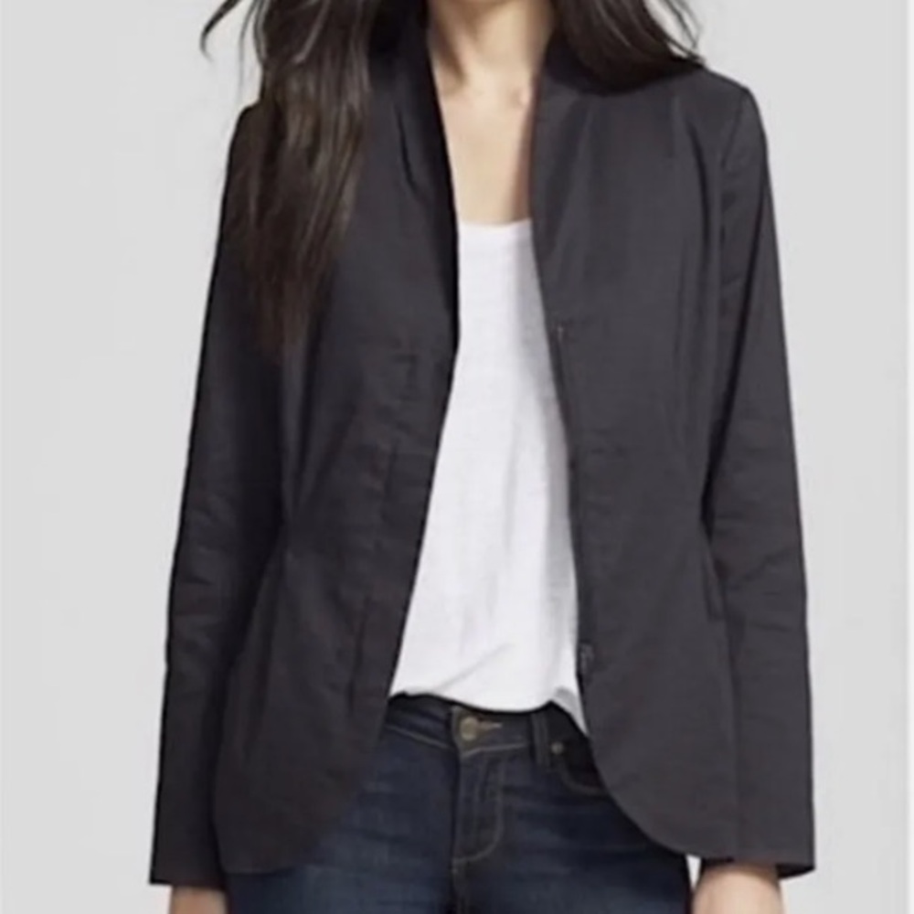 Eileen Fisher High Collar Peplum Polished Ramie Stretch Jacket Size Medi…